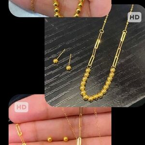 💯 Pure Gold Stampd Gold Beaded Necklace With Stud Ball Earrings 18inch Chain